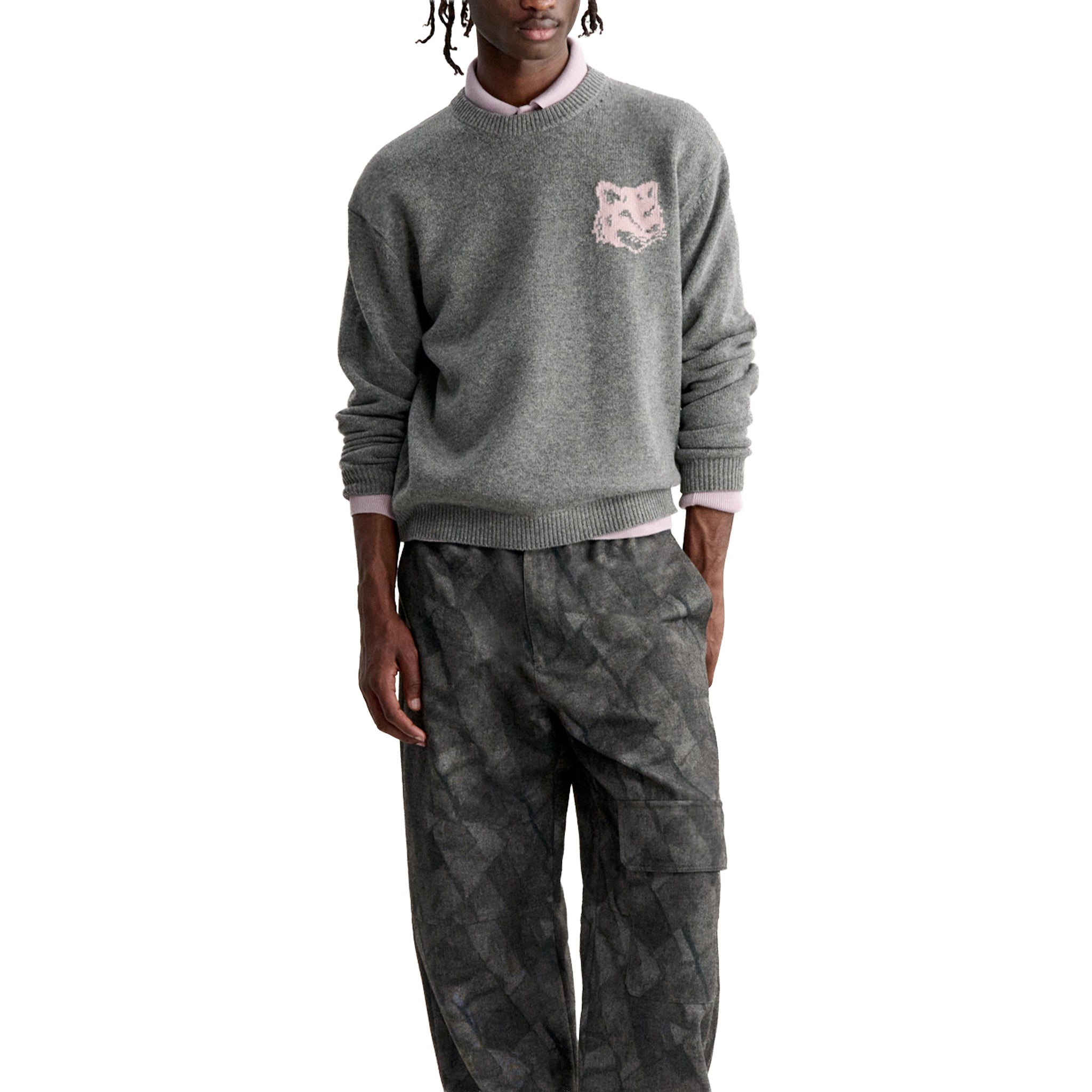 Maison Kitsuné Fox head intarsia merino jumper Grey Mel