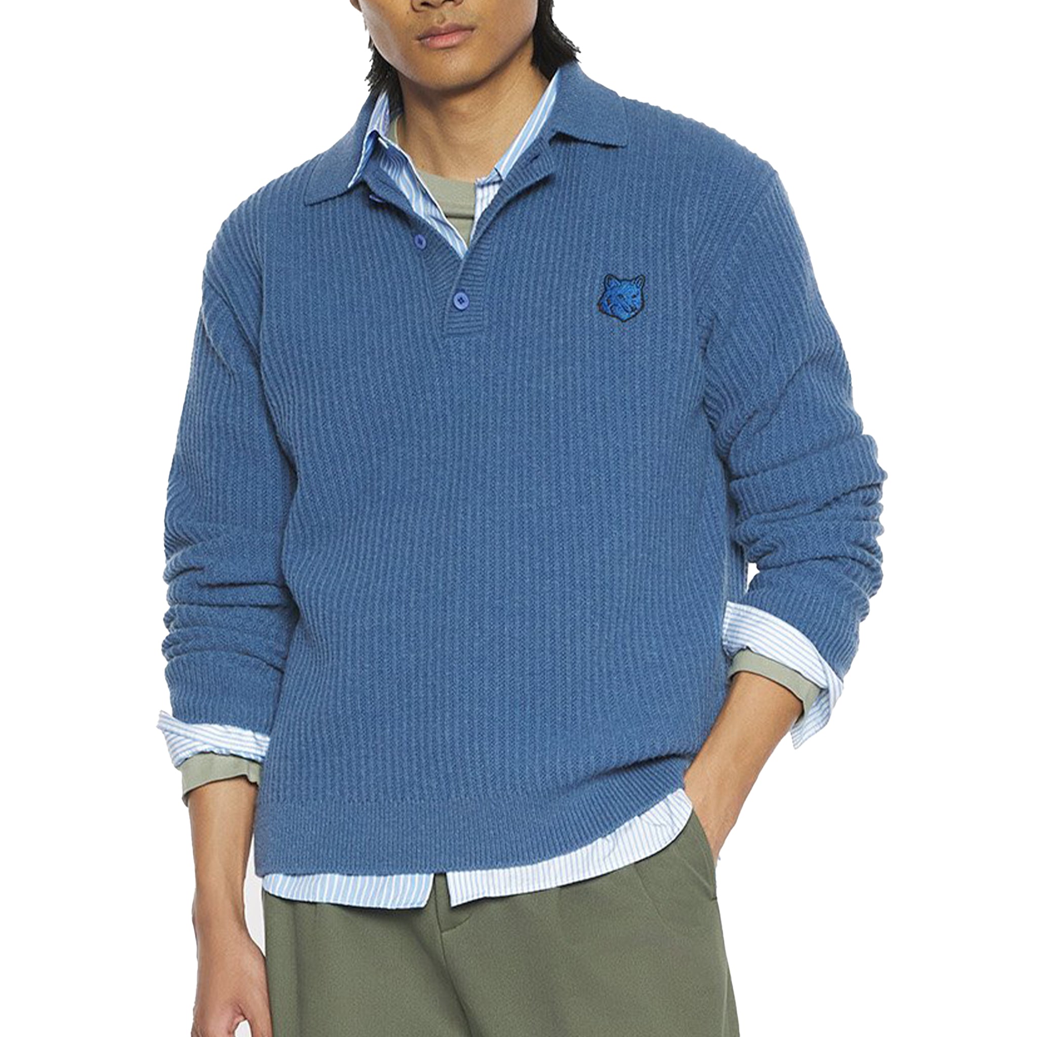 Maison Kitsuné Fox head wool ribbed polo jumper Blue