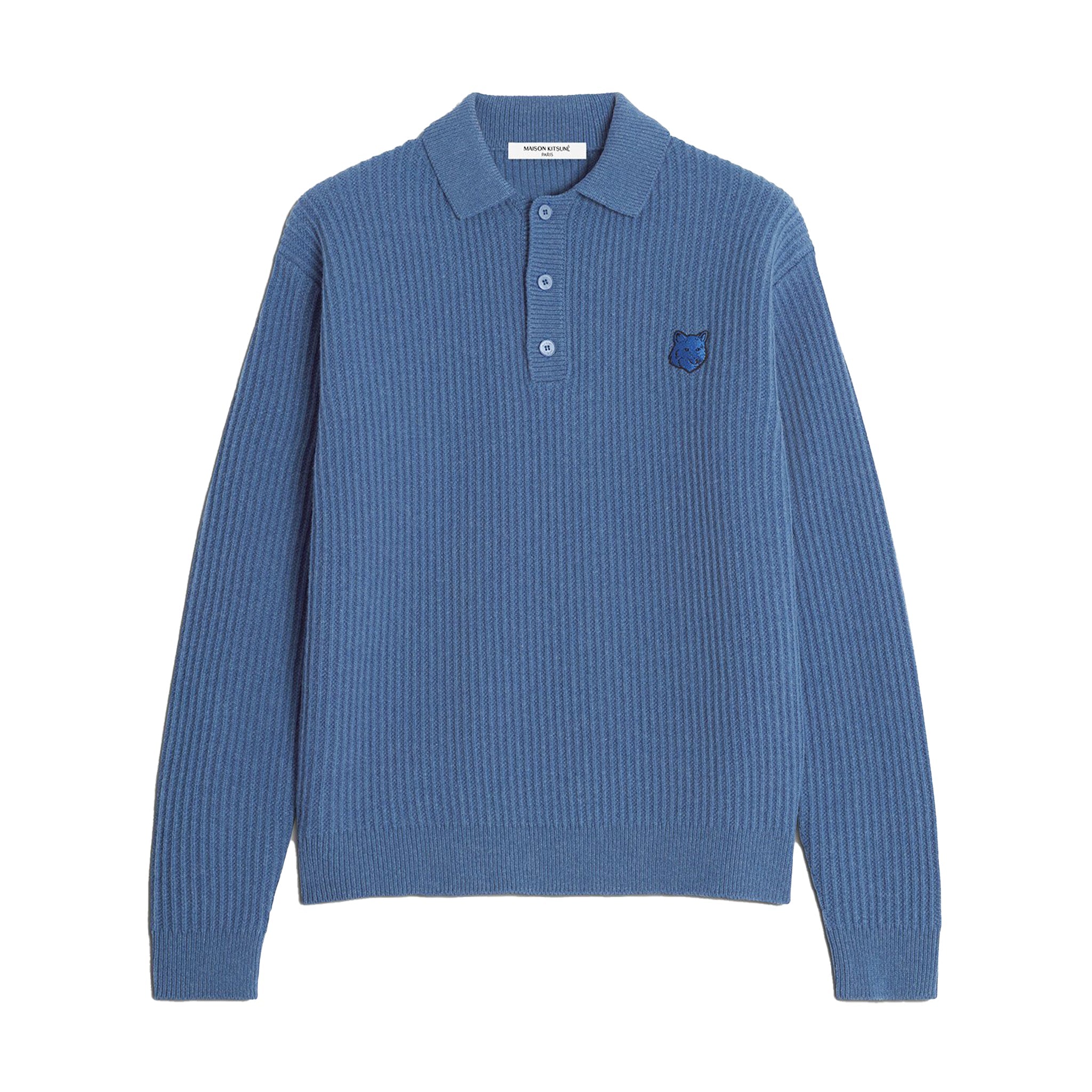 Maison Kitsuné Fox head wool ribbed polo jumper Blue