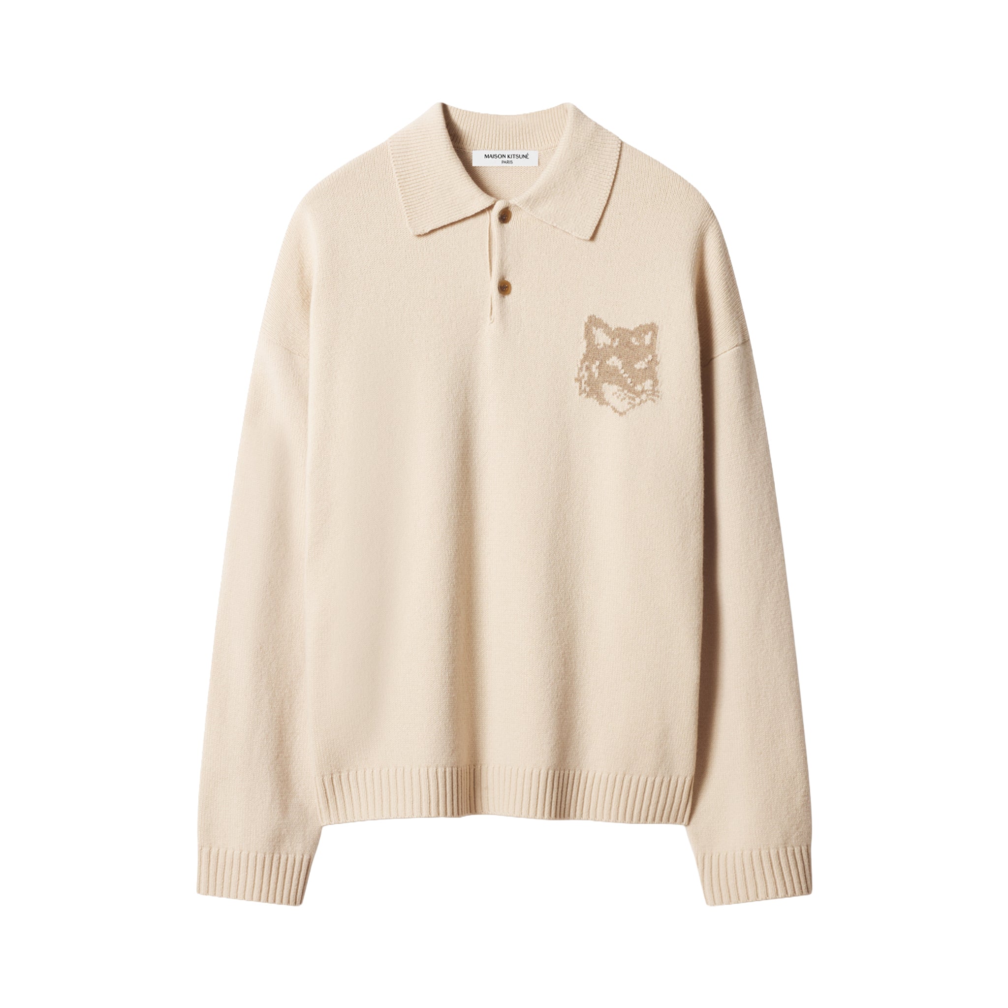 Maison Kitsuné Fox head intarsia merino polo jumper Beige
