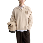Maison Kitsuné Fox head intarsia merino polo jumper Beige